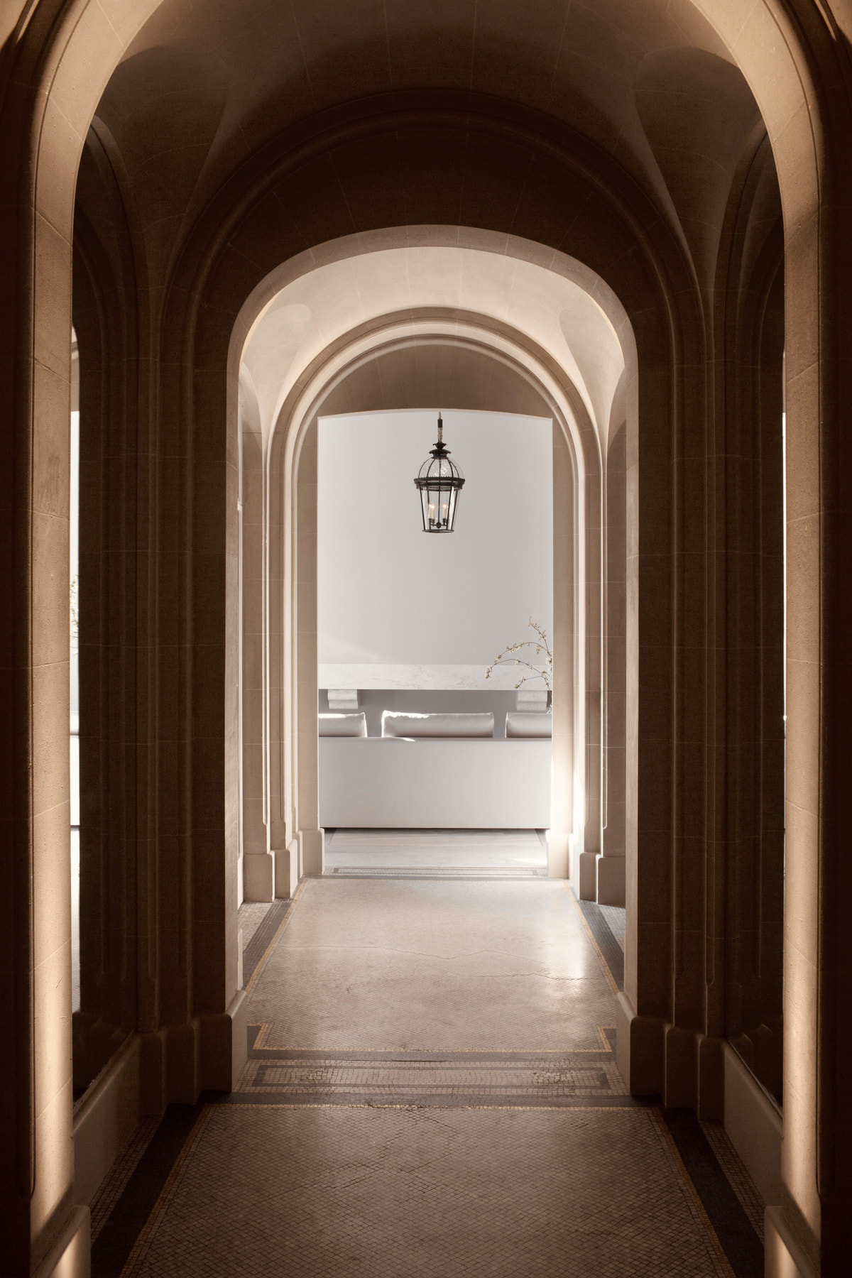 Kennedy Residence by Guillaume Alan — vaulted corridor with lantern, residence in Paris