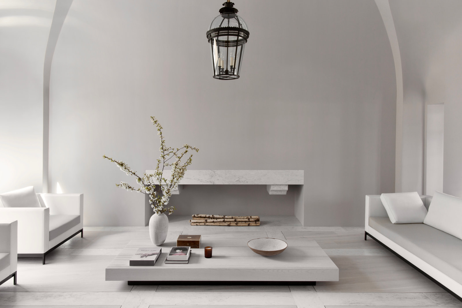 Kennedy Residence by Guillaume Alan — living room, lantern, coffee table and white sofas, residence in Paris