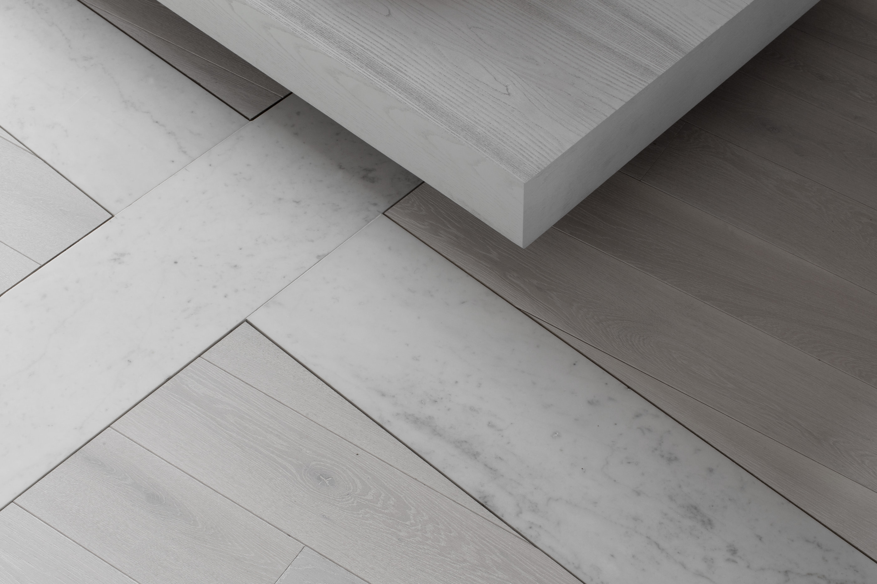 Kennedy Residence by Guillaume Alan — detail, marble counter and herringbone parquet, residence in Paris