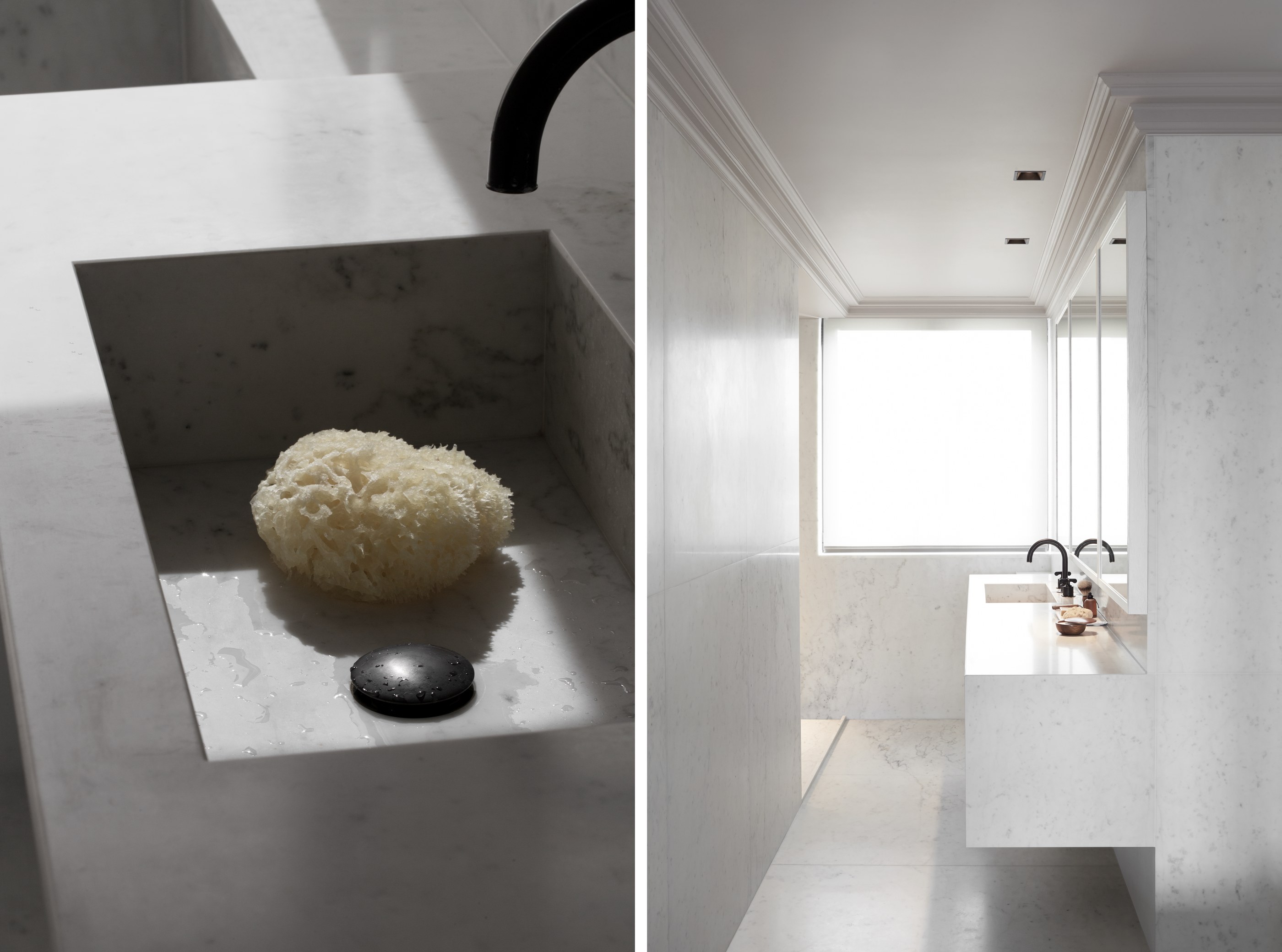 Kennedy Residence by Guillaume Alan — dark basin and corridor towards the marble washbasin counter, residence in Paris
