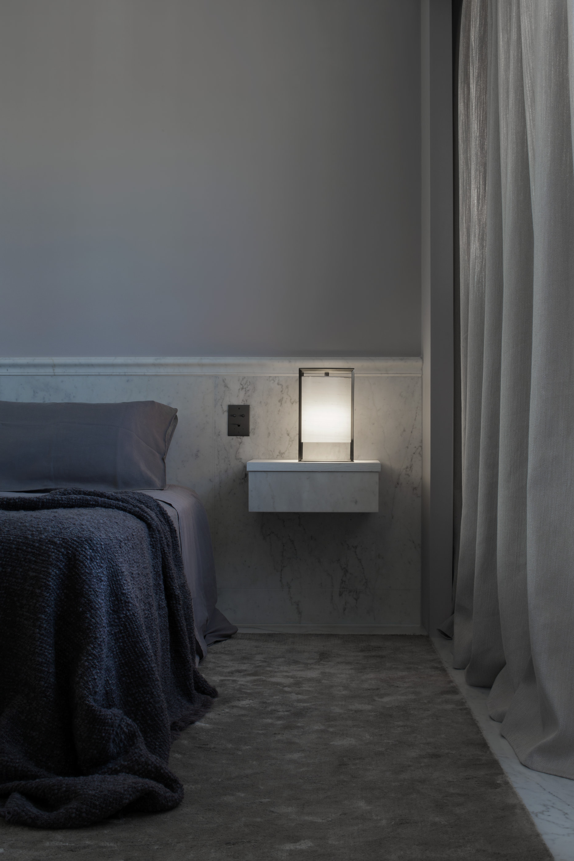 Kennedy Residence by Guillaume Alan — bedroom, blue throw and marble headboard, residence in Paris