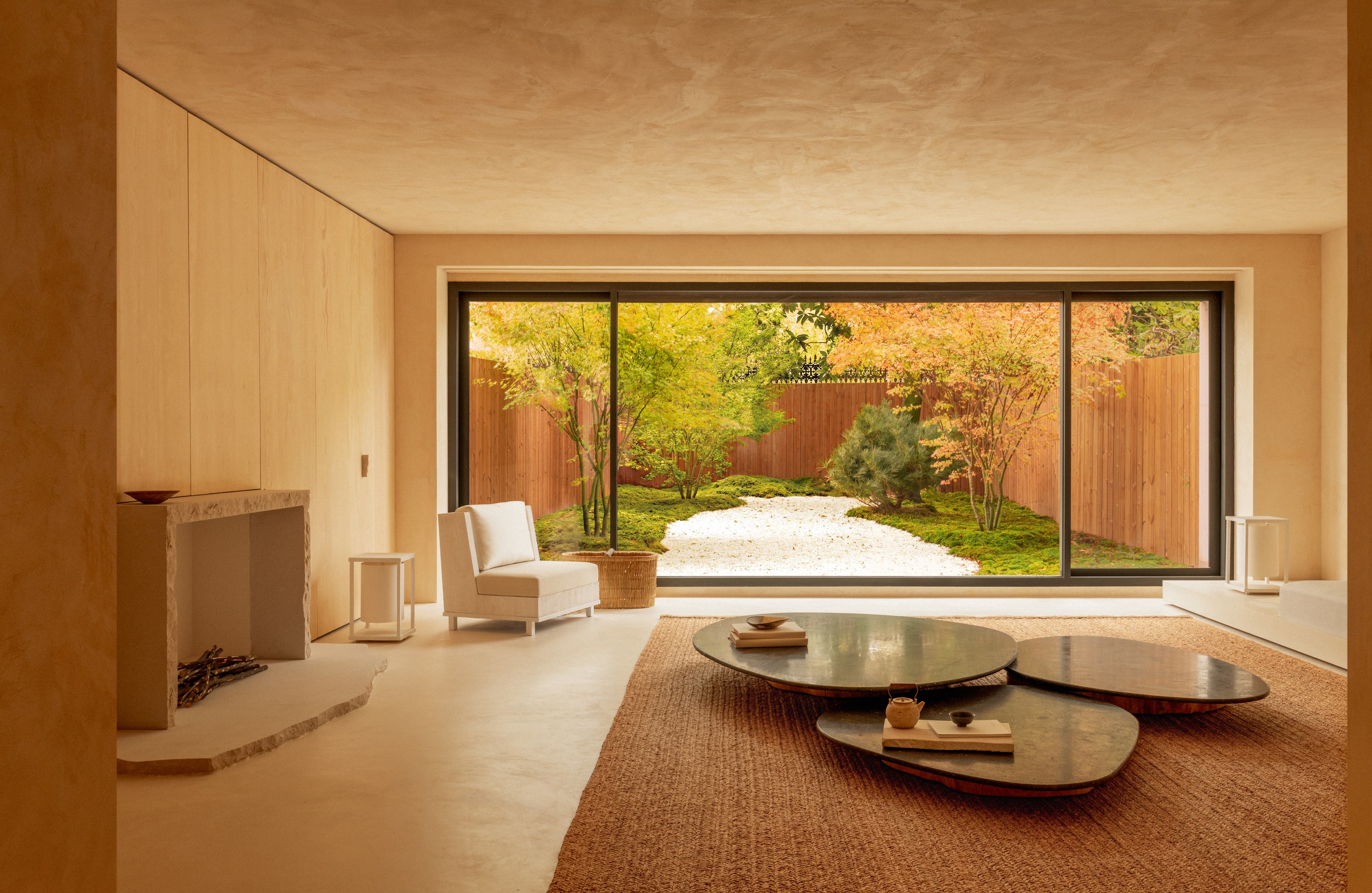 L’Imparfait by Guillaume Alan — living room with Japanese garden, apartment in Paris