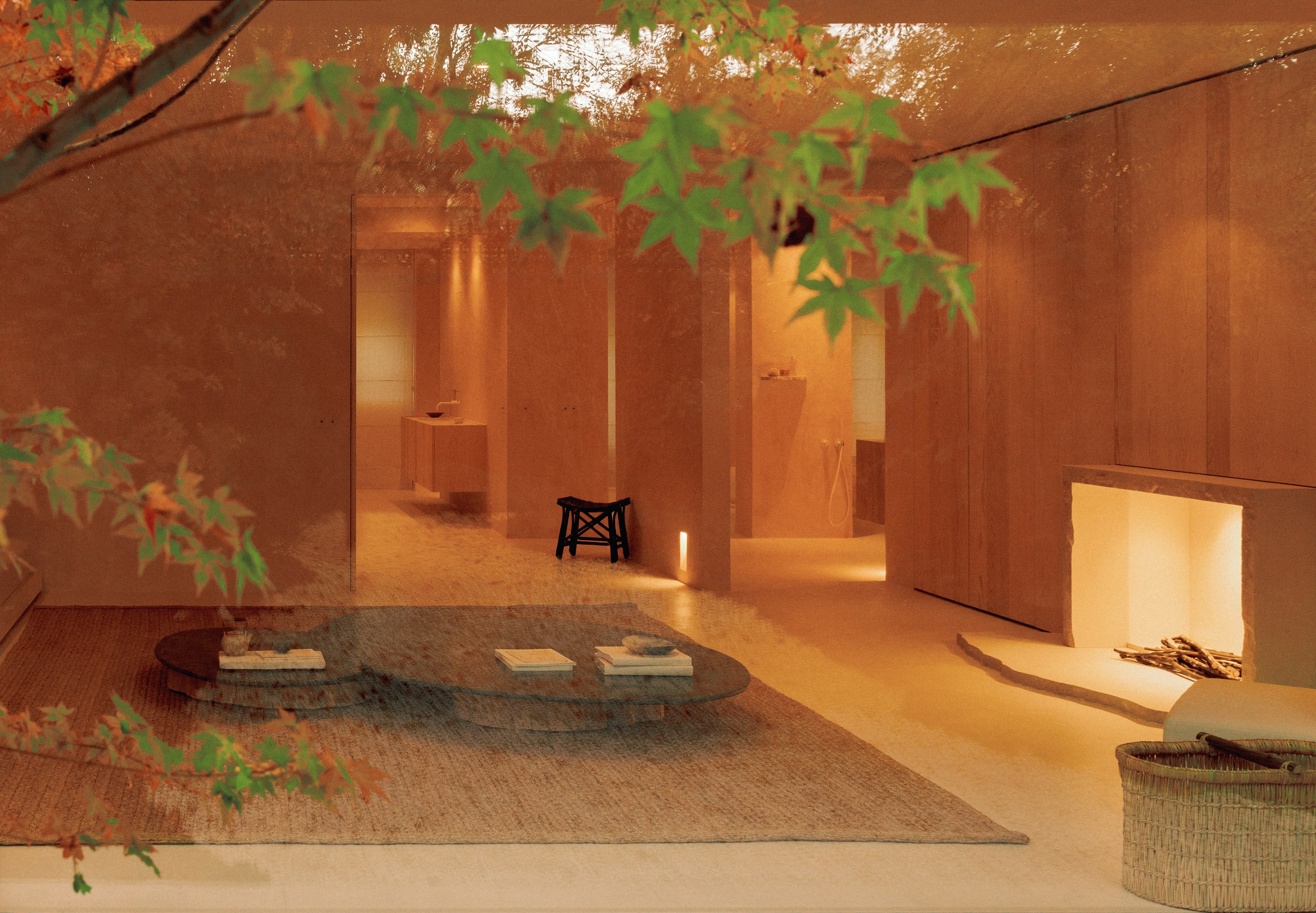 L’Imparfait by Guillaume Alan — wood-lined corridor and fireplace, view onto the garden, apartment in Paris