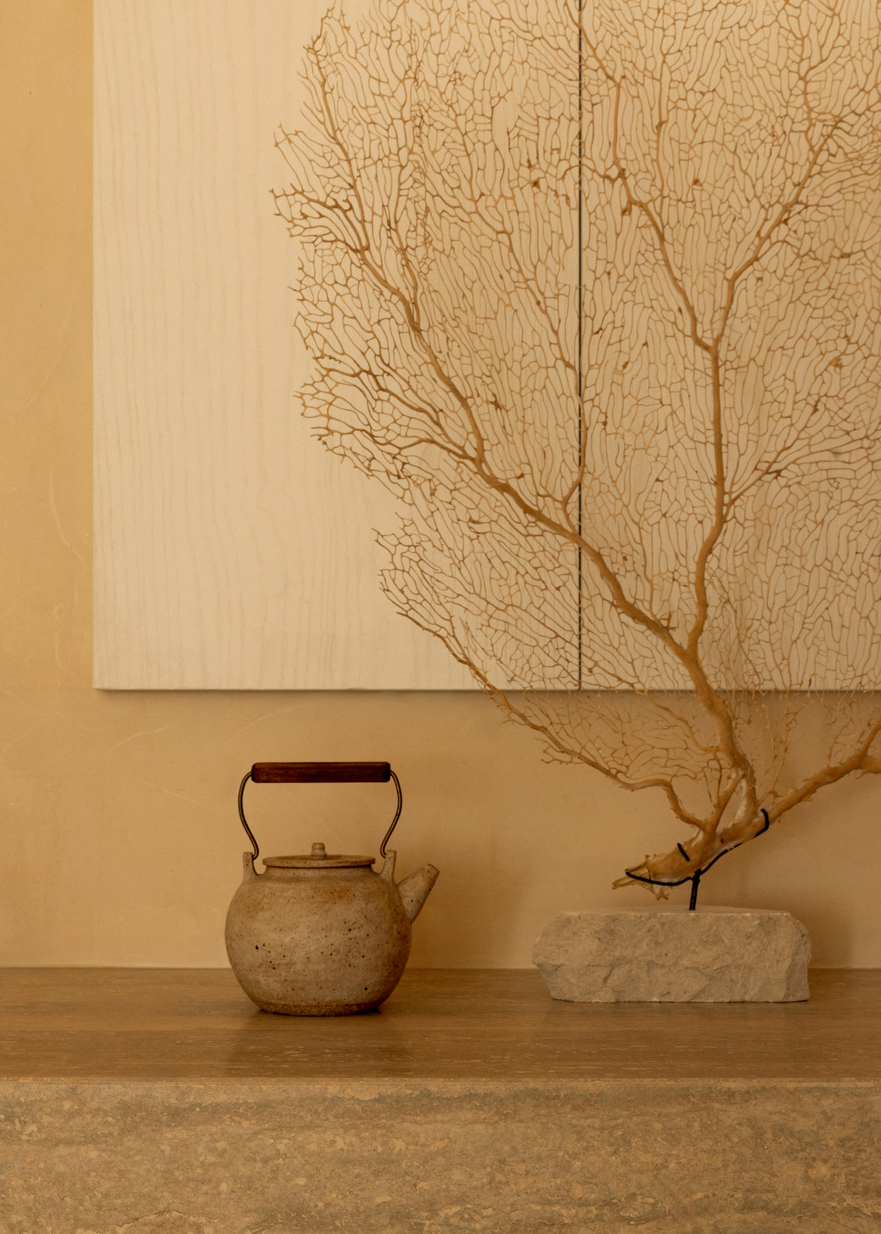 L’Imparfait by Guillaume Alan — coral branch and teapot on a travertine shelf, apartment in Paris