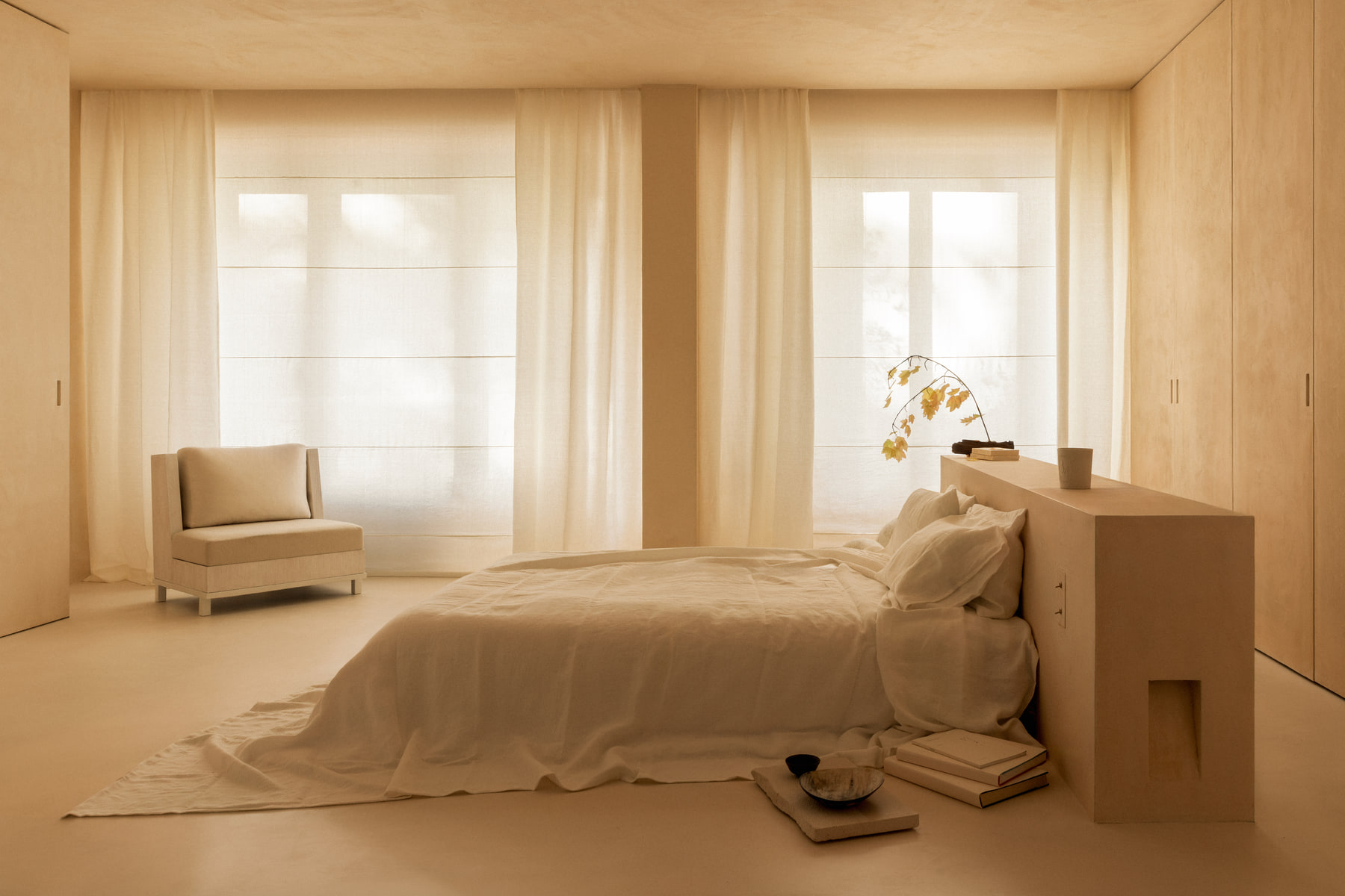 L’Imparfait by Guillaume Alan — bedroom with linen curtains, apartment in Paris