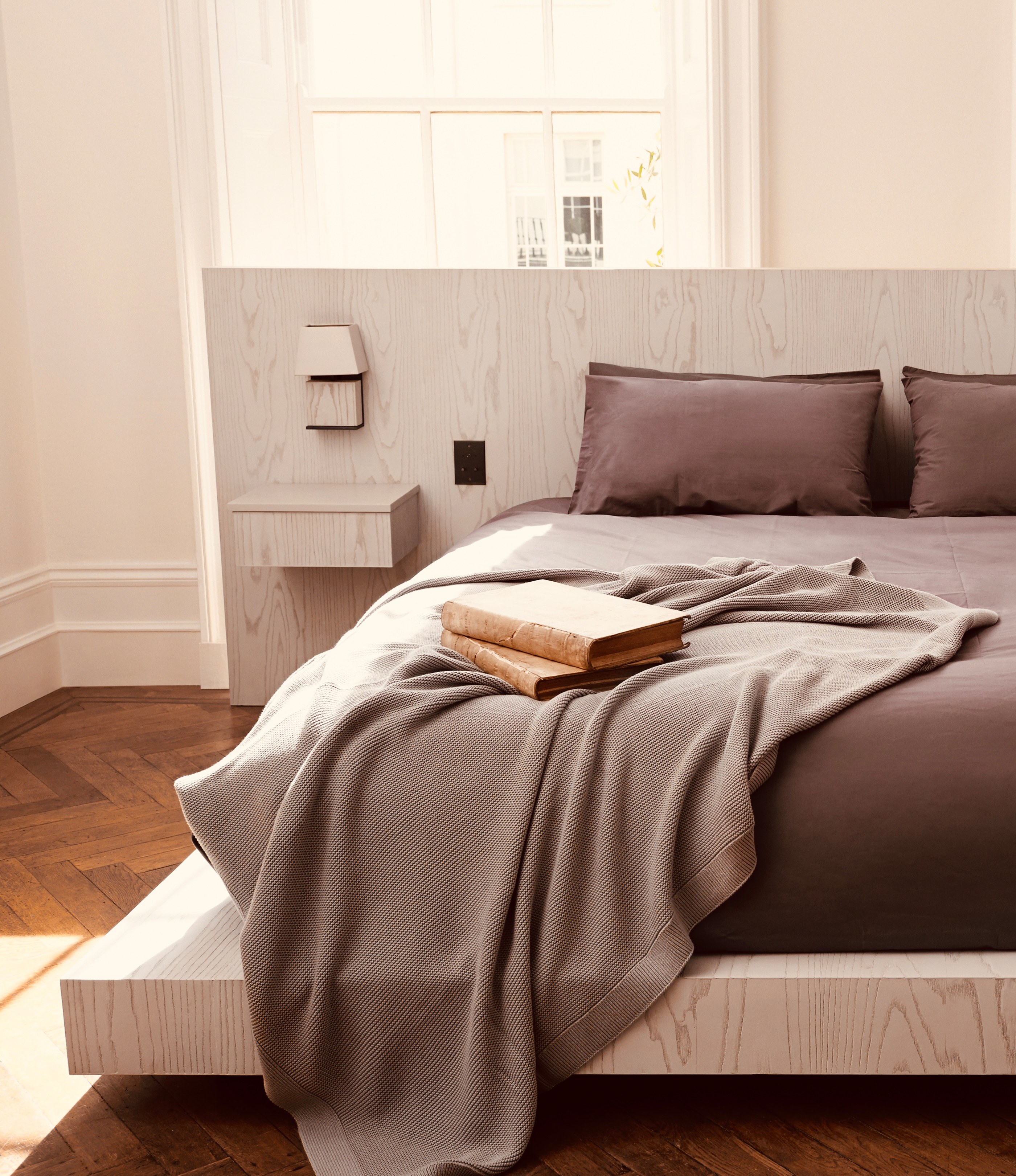 Mayfair House by Guillaume Alan — bedroom, pale ash bed and herringbone parquet, residence in London