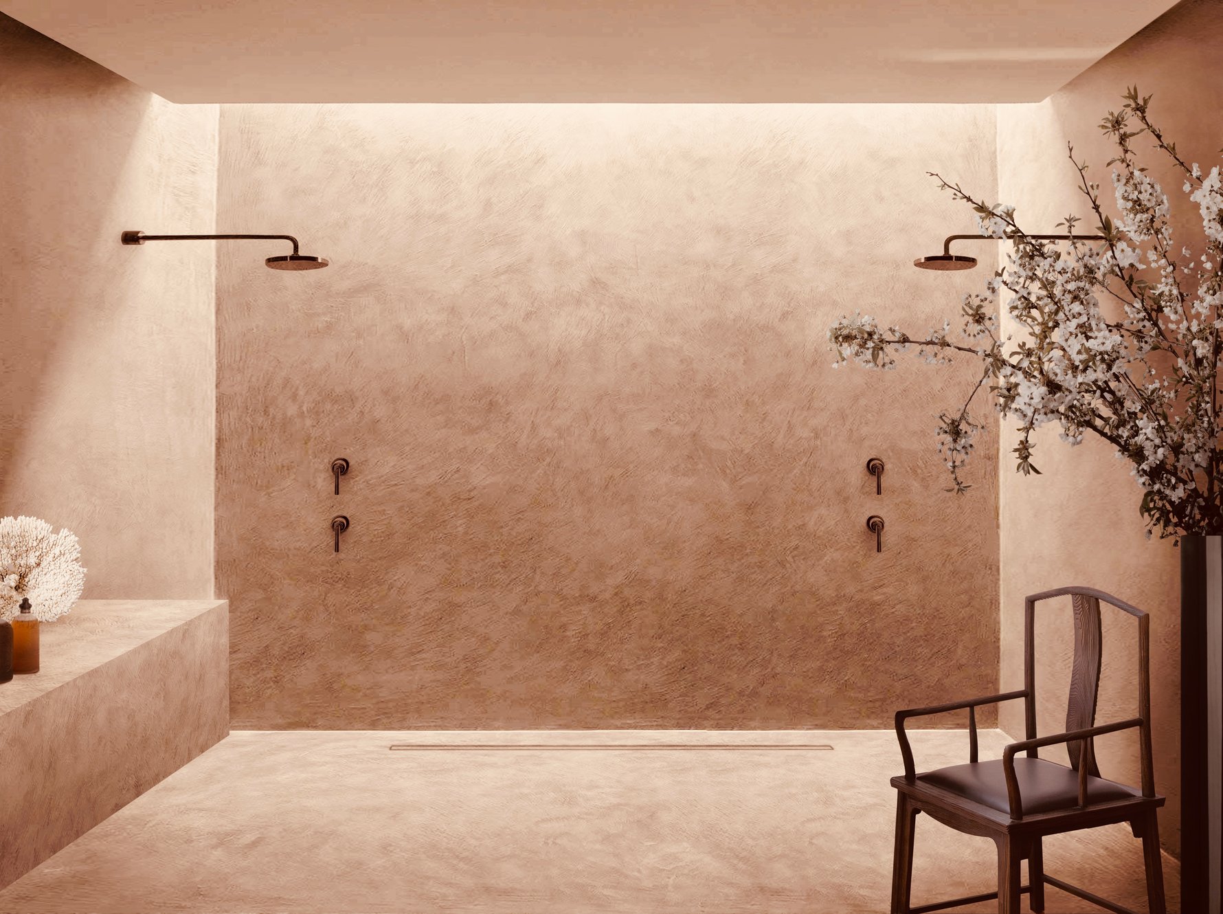 Porto Cervo by Guillaume Alan — outdoor shower in terracotta plaster, residence in Sardinia