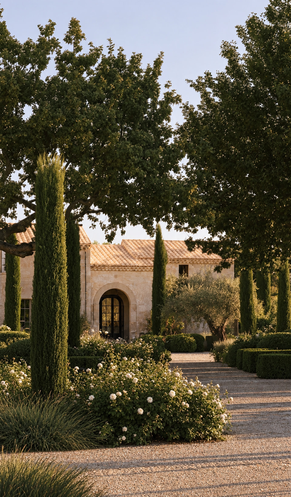 Porto Cervo by Guillaume Alan — stone façade and arched steel door, cypress-lined path, residence in Sardinia