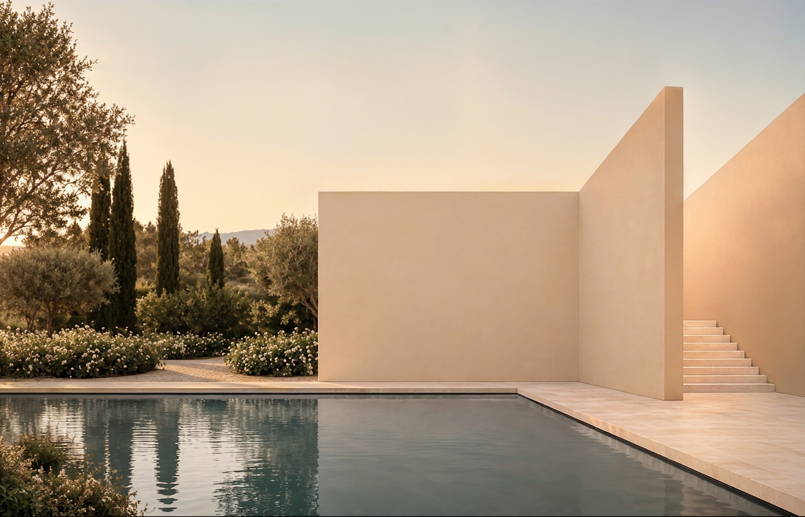 Porto Cervo by Guillaume Alan — stone pool and ochre plaster walls in an olive grove at sunset, residence in Sardinia