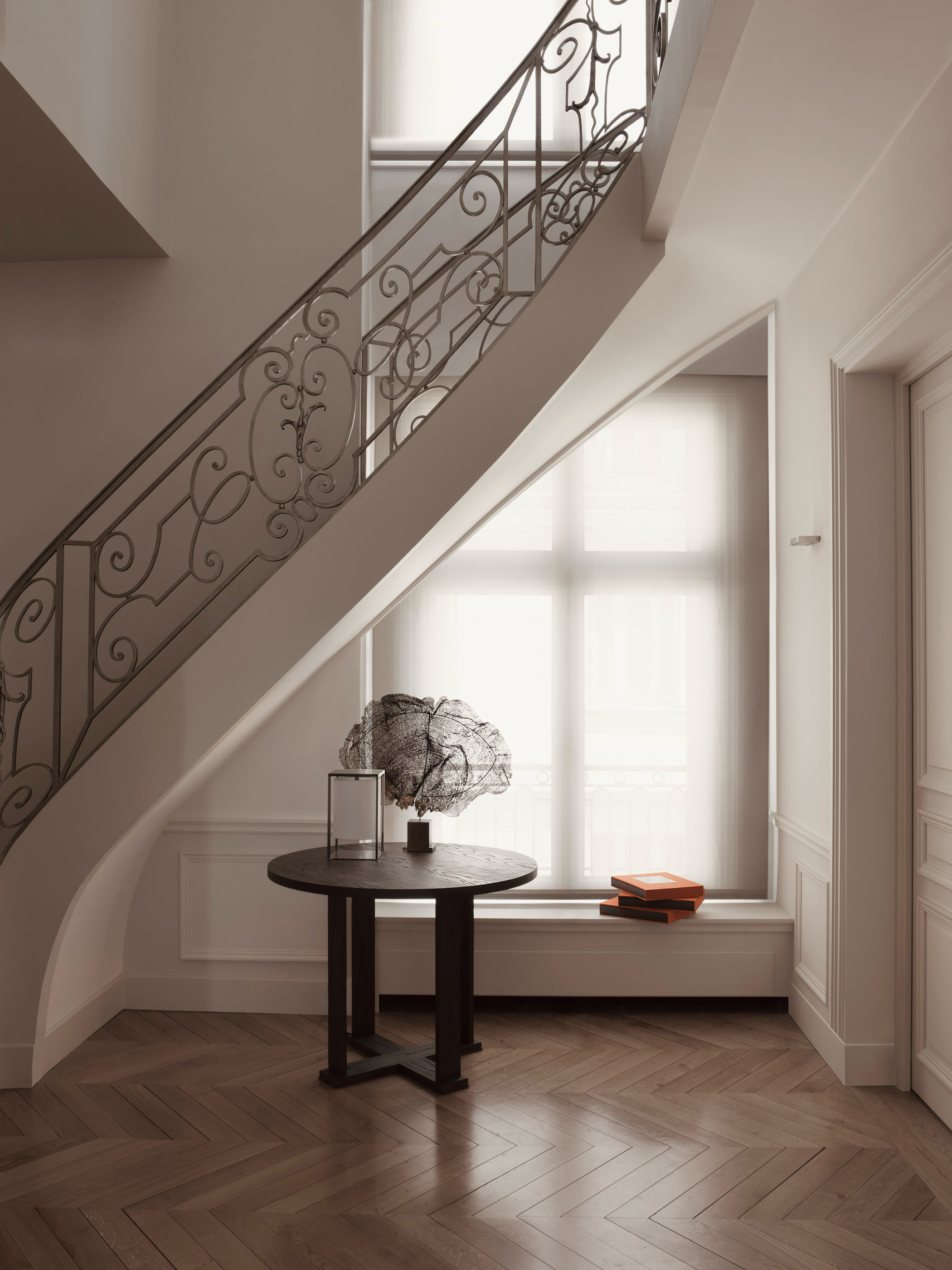 VH Penthouse by Guillaume Alan — staircase, wrought-iron banister and pedestal table, apartment in Paris